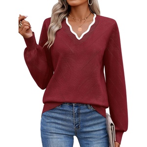 image:imageEkouaer Womens Fall V Neck Sweaters Knit Lightweight Long Sleeve Tops 2026Wine Red