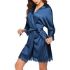 image:imageEkouaer Womens Silk Robes Short Lace Trim Satin Bride Bathrobe with PocketsBlue