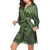 image:imageEkouaer Womens Silk Robes Short Lace Trim Satin Bride Bathrobe with PocketsDark Army Green
