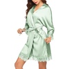 image:imageEkouaer Womens Silk Robes Short Lace Trim Satin Bride Bathrobe with PocketsLight Green