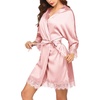 image:imageEkouaer Womens Silk Robes Short Lace Trim Satin Bride Bathrobe with PocketsPink