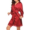 image:imageEkouaer Womens Silk Robes Short Lace Trim Satin Bride Bathrobe with PocketsRed