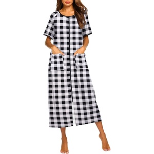 image:imageEkouaer Women Robe Zipper Short Sleeves Full Length House Coat with PocketsBlack Plaid