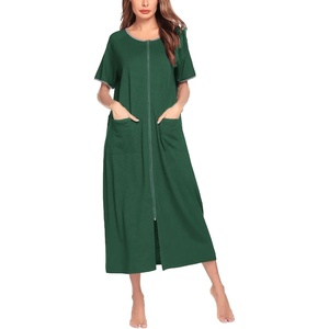 image:imageEkouaer Women Robe Zipper Short Sleeves Full Length House Coat with PocketsDark Green
