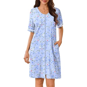 image:imageEkouaer Women Zipper Robe Short Sleeves Housecoat Bathrobes Zip Up RobeBlue Grid Floral
