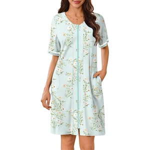 image:imageEkouaer Women Zipper Robe Short Sleeves Housecoat Bathrobes Zip Up RobeLight Green Floral