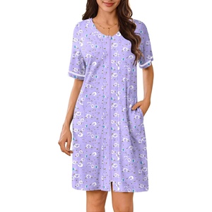 image:imageEkouaer Women Zipper Robe Short Sleeves Housecoat Bathrobes Zip Up RobePurple Floral