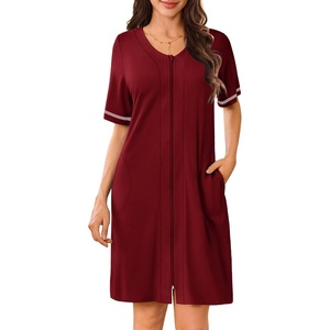 image:imageEkouaer Women Zipper Robe Short Sleeves Housecoat Bathrobes Zip Up RobeWine Red