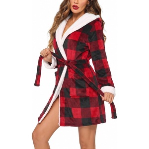 image:imageEkouaer Womens Hooded Bathrobe Short Fleece Robe Soft Luxury SleepwearPlaid Red
