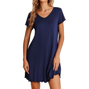 image:imageEkouaer Womens Nightgown Short Sleeve Night Gowns Soft Ruffled Sleep ShirtNavy Blue
