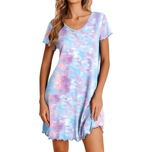 image:imageEkouaer Womens Nightgown Short Sleeve Night Gowns Soft Ruffled Sleep ShirtPurple Tie Dye