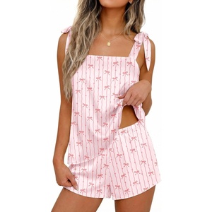 image:imageEkouaer Womens Silk Pajama Set Bow Tie Knot Tank Top Satin Pjs Sets SXXLPink Striped Bow Print