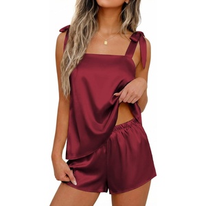 image:imageEkouaer Womens Silk Pajama Set Bow Tie Knot Tank Top Satin Pjs Sets SXXLWine Red