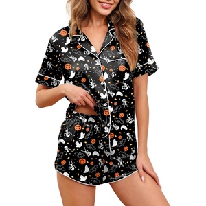 image:imageEkouaer Womens Silk Satin Pajamas Set Short Sleeve Sleepwear S5X Plus SizeBlack Halloween Print