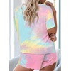 image:imageEkouaer Pajamas Set for Women Short Sleeve Lounge Set 2 Piece Soft Cute PjsTie Dye Pink Yellow