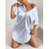 image:imageEkouaer Satin Nightgowns for Women Short Sleeve Button Down SleepshirtBlue Stripe