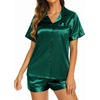 image:imageEkouaer Womens Pajamas Silk Satin Short Sleeve Button Down Pjs Shorts SetDark Green