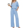 image:imageEkouaer Womens Pajama Sets Cotton Short Sleeve Long Pants Lounge SetLight Blue
