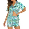 image:imageEkouaer Womens Pajamas Silk Satin Short Sleeve Button Down Pjs Shorts SetFlamingo Light Green