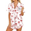 image:imageEkouaer Womens Satin Pajamas Set Button Down 2 Piece Silk Pjs Shorts Set Ruffle Lingerie Notch Collar SleepwearRed Bow