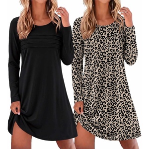 image:imageEkouaer 2 Pack Long Sleeve Nightgown for Women Crew Neck Pleated SleepshirtBlackLeopard