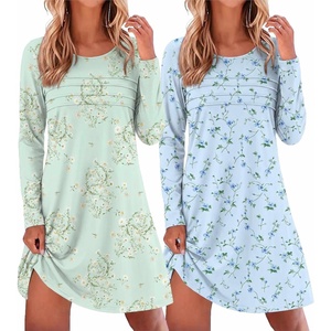 image:imageEkouaer 2 Pack Long Sleeve Nightgown for Women Crew Neck Pleated SleepshirtBlue FloralLight Green Floral