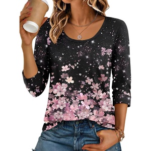 image:imageEkouaer 34 Sleeve Womens Tops Scoop Neck T Shirts 2026 Casual Basic TeesFloral Black Multi