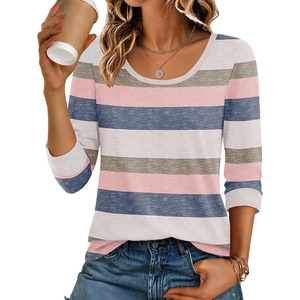 image:imageEkouaer 34 Sleeve Womens Tops Scoop Neck T Shirts 2026 Casual Basic TeesStriped Pink Blue