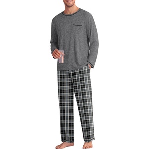 image:imageEkouaer Mens Long Sleeve TShirt Pajama Set Soft 2 Piece Lounge SetGrey Plaid