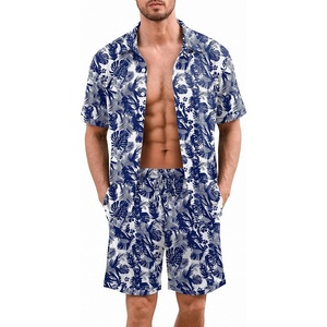 image:imageEkouaer Mens Pajama Sets Button Down Summer Pjs Hawaiian Lounge Set XSXXLNavy Blue Hawaiian Leaves