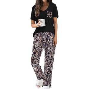 image:imageEkouaer Pajama Sets for Women 2 Piece Short Sleeve Pj V Neck Chest PocketBlack Cheetah