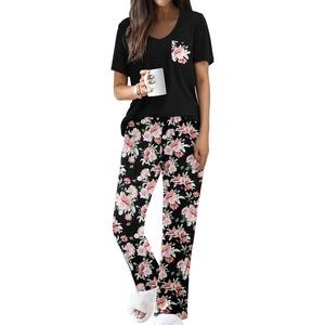 image:imageEkouaer Pajama Sets for Women 2 Piece Short Sleeve Pj V Neck Chest PocketBlackpink Flower