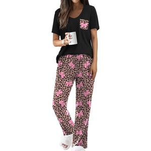 image:imageEkouaer Pajama Sets for Women 2 Piece Short Sleeve Pj V Neck Chest PocketCheetah Bow Tie