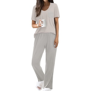 image:imageEkouaer Pajama Sets for Women 2 Piece Short Sleeve Pj V Neck Chest PocketGrey Striped