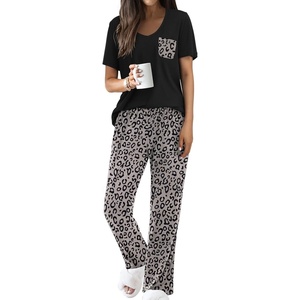 image:imageEkouaer Pajama Sets for Women 2 Piece Short Sleeve Pj V Neck Chest PocketLeopard Grey