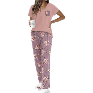 image:imageEkouaer Pajama Sets for Women 2 Piece Short Sleeve Pj V Neck Chest PocketMauve Floral