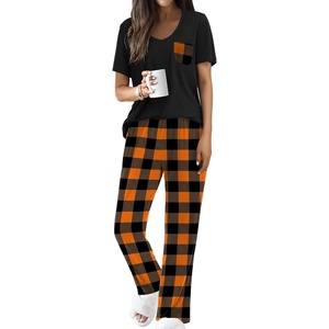 image:imageEkouaer Pajama Sets for Women 2 Piece Short Sleeve Pj V Neck Chest PocketOrange Plaid