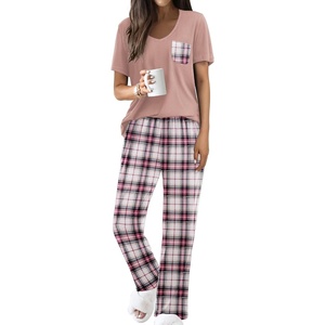 image:imageEkouaer Pajama Sets for Women 2 Piece Short Sleeve Pj V Neck Chest PocketPink Plaid
