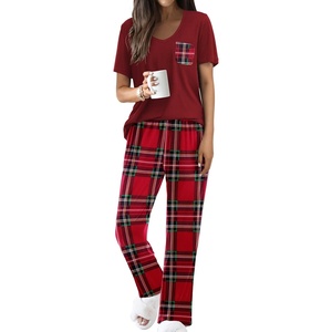 image:imageEkouaer Pajama Sets for Women 2 Piece Short Sleeve Pj V Neck Chest PocketRedgreen Plaid