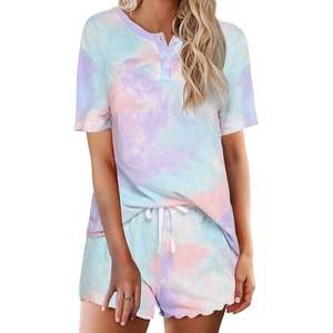 image:imageEkouaer Pajamas Set for Women Short Sleeve Lounge Set 2 Piece Soft Cute PjsAtie Dye Pink Blue Purple