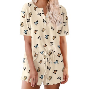 image:imageEkouaer Pajamas Set for Women Short Sleeve Lounge Set 2 Piece Soft Cute PjsBeige Butterfly