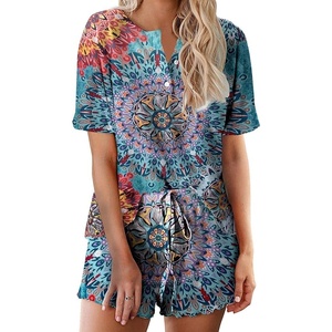 image:imageEkouaer Pajamas Set for Women Short Sleeve Lounge Set 2 Piece Soft Cute PjsBlue Round Flower