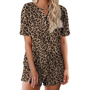 image:imageEkouaer Pajamas Set for Women Short Sleeve Lounge Set 2 Piece Soft Cute PjsBrown Black Leopard