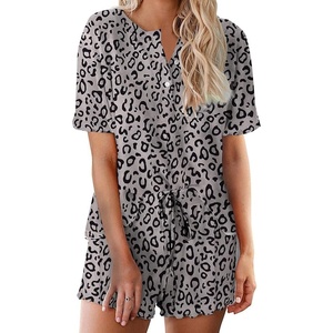 image:imageEkouaer Pajamas Set for Women Short Sleeve Lounge Set 2 Piece Soft Cute PjsGray Black Leopard