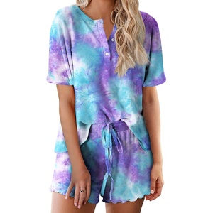 image:imageEkouaer Pajamas Set for Women Short Sleeve Lounge Set 2 Piece Soft Cute PjsTie Dye Blue and Purple