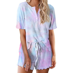 image:imageEkouaer Pajamas Set for Women Short Sleeve Lounge Set 2 Piece Soft Cute PjsTie Dye Light Blue Purple