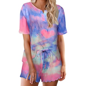 image:imageEkouaer Pajamas Set for Women Short Sleeve Lounge Set 2 Piece Soft Cute PjsTie Dye Rainbow