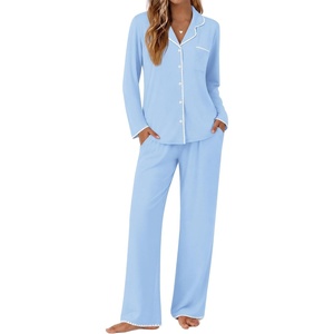image:imageEkouaer Pajamas for Women Set Long Sleeve Lounge Set Soft Button Down PjsLight Blue