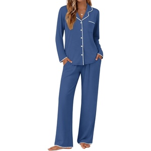 image:imageEkouaer Pajamas for Women Set Long Sleeve Lounge Set Soft Button Down PjsNavy
