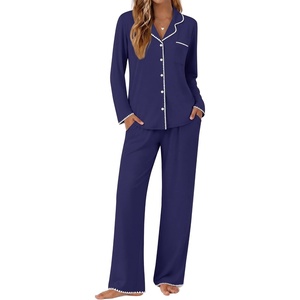 image:imageEkouaer Pajamas for Women Set Long Sleeve Lounge Set Soft Button Down PjsNavy Blue